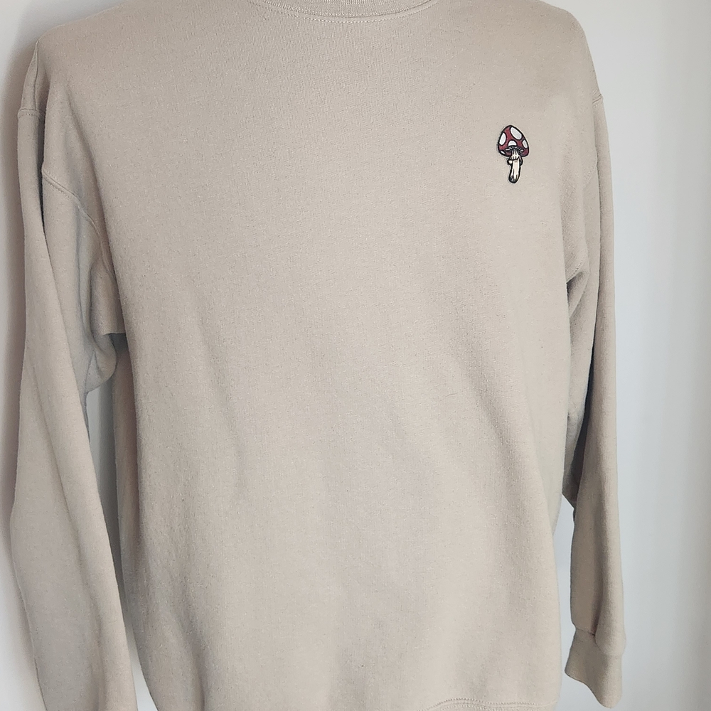 Bowery Supply Co Beige Sweater with Embroidered Mushroom Detail